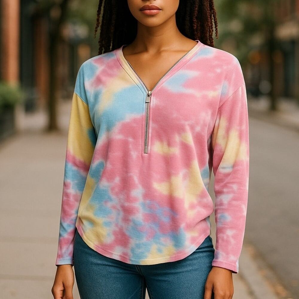 ARIELLA Tie Dye Waffle Knit Adjustable Zippered Long Sleeve Top ~ Womens Size XL